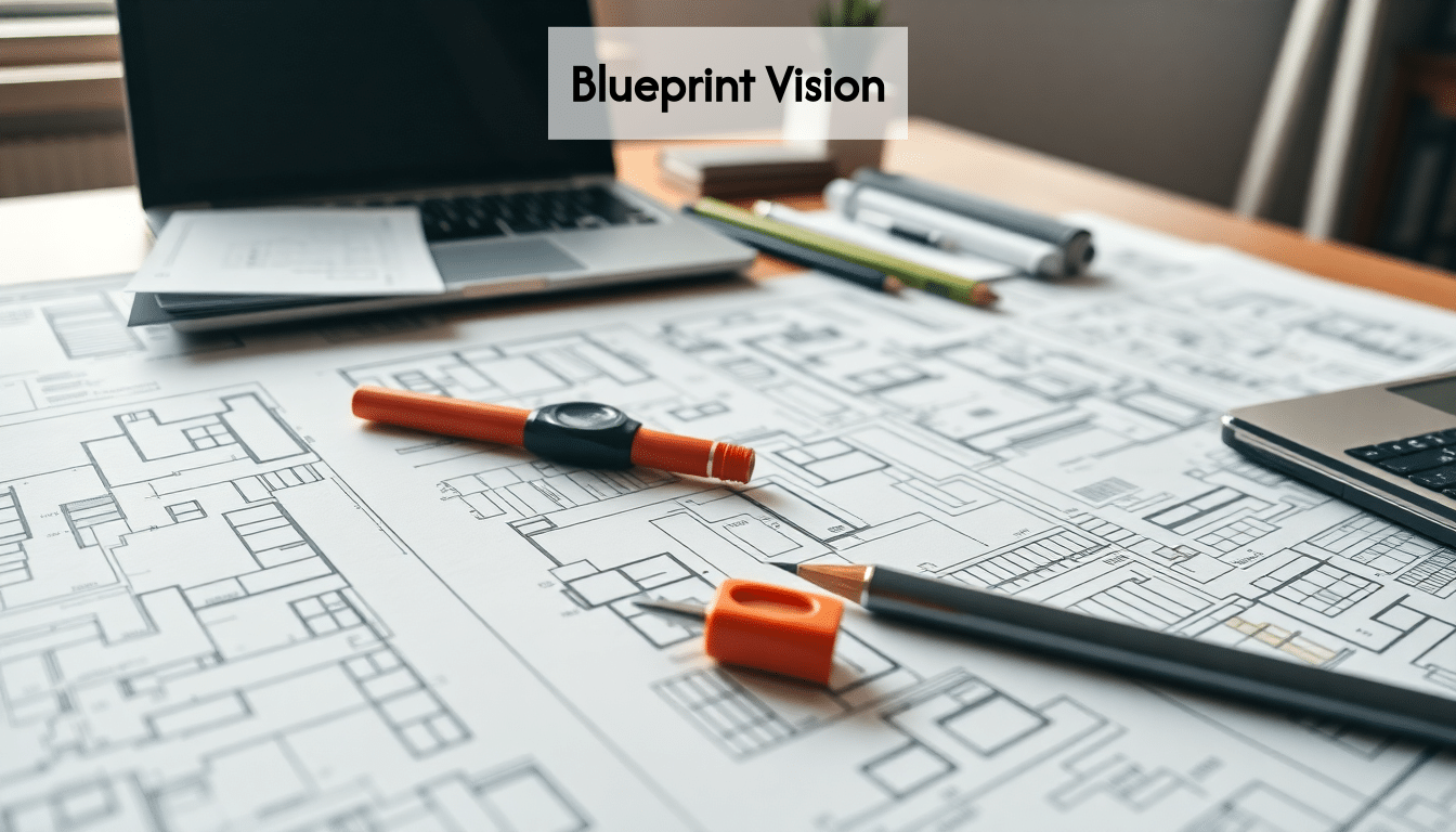 Architect's desk with blueprints