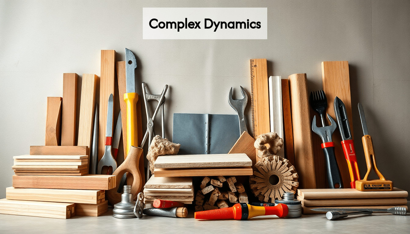 A variety of construction materials and tools arranged.