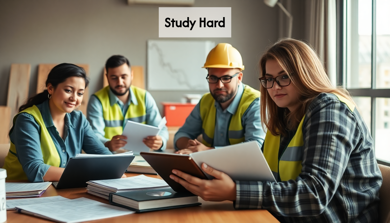 Construction professionals studying for certifications