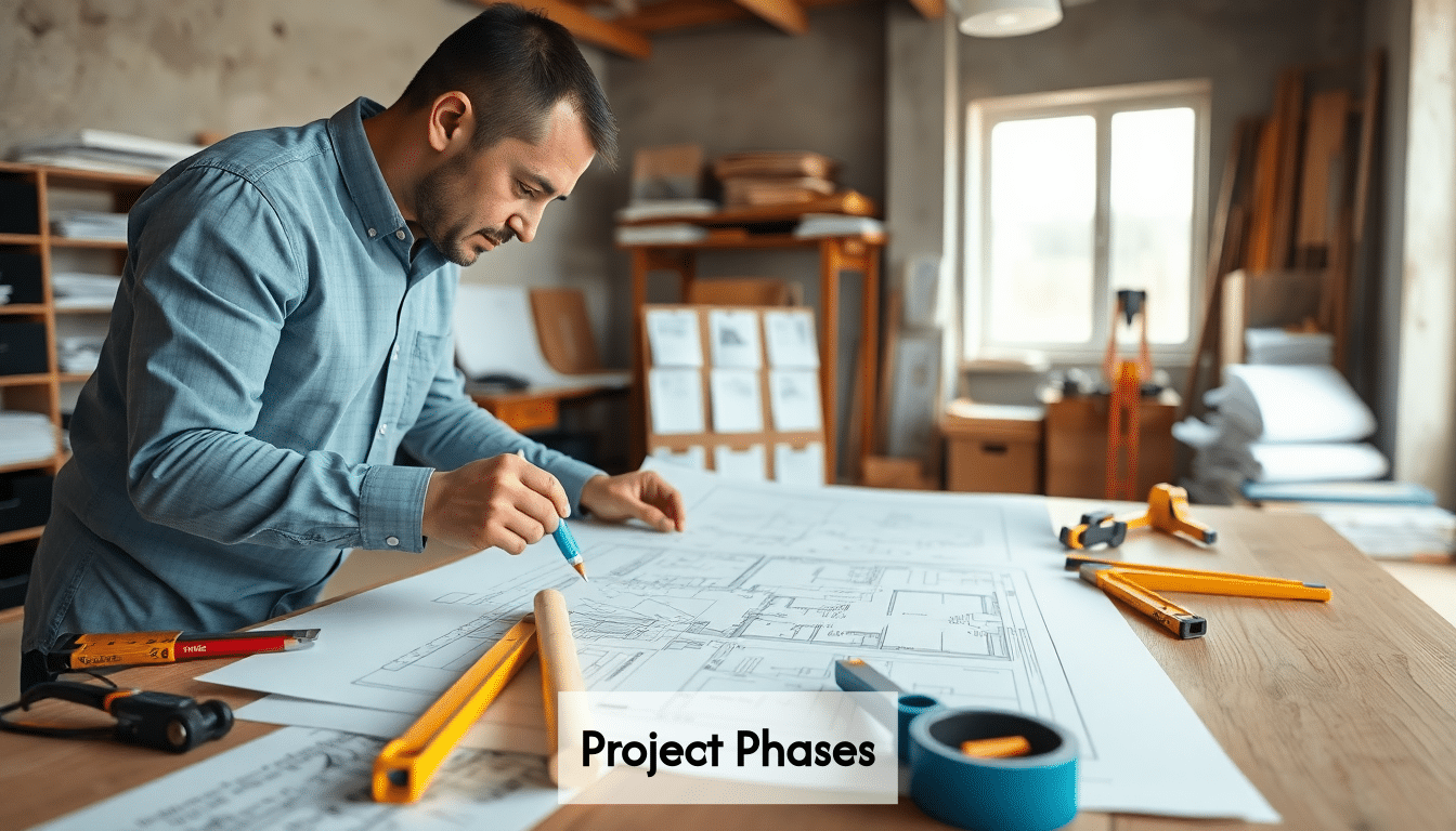 Construction project manager with blueprints