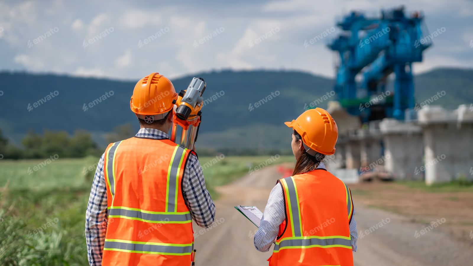 Bridge construction project with steel framework and heavy equipment